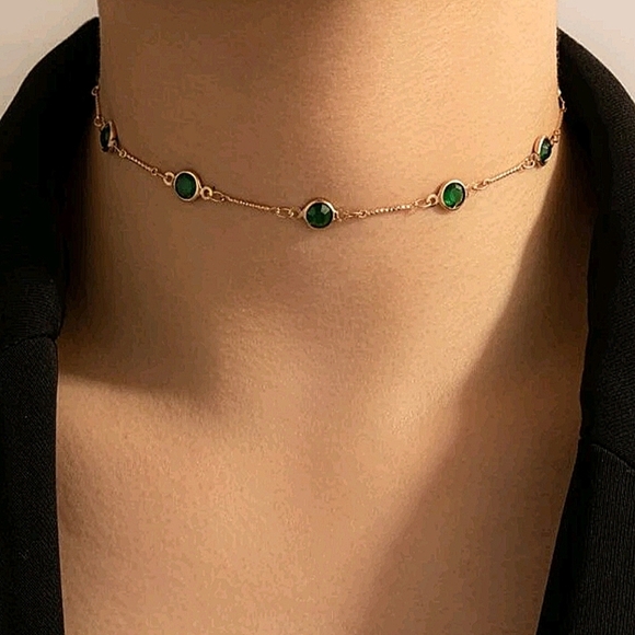 Emerald Green Gold Plated Zircon Choker Bracelet Matching Set - Picture 2 of 9